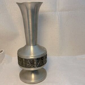 Vintage Norway Pewter Stem Vase With Traditional Fishing Boats Motives